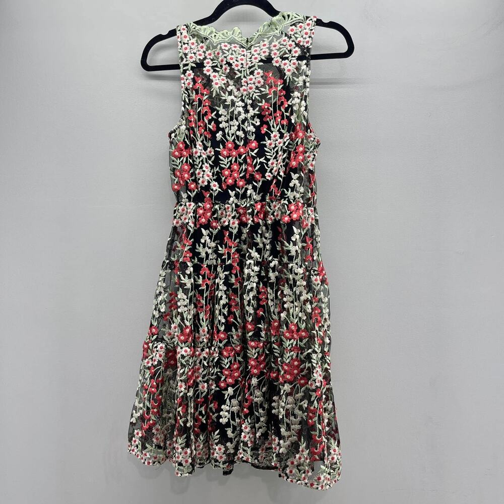 HD in Paris Emilia Dress 4P Blk Floral Embroidered‎ Mesh Fit Flare Anthropologie - Picture 2 of 9